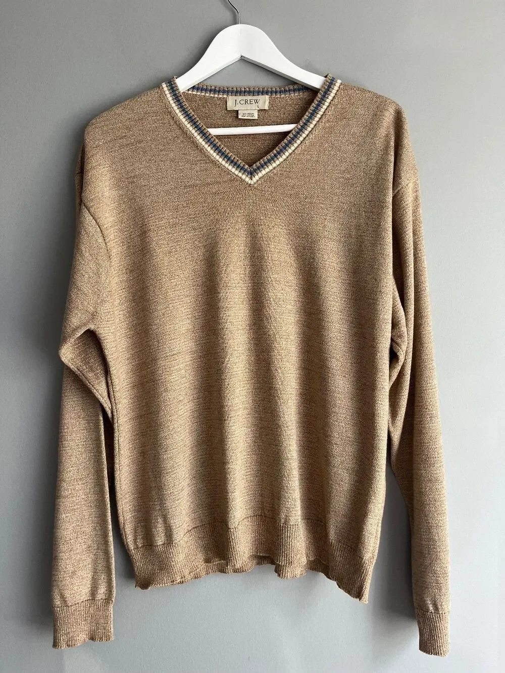 J.Crew Men's L Camel Merino Wool V-Neck Sweater Striped Trim Preppy Classic
